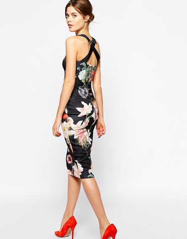 Brand New Ted Baker Black Bloom Print Midi Bodycon Dress Size 3 UK 12 - Whispers Dress Agency - Sold - 3