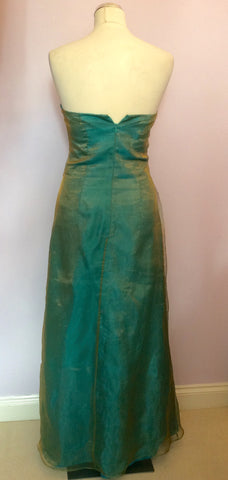 JOHN CHARLES TURQOUISE & GOLD ORGANZA STRAPLESS EVENING DRESS SIZE 8 - Whispers Dress Agency - Womens Dresses - 4