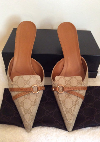 Gucci Beige & Tan Monogramed Slip On Heeled Mules Size 7.5/41 - Whispers Dress Agency - Sold - 3