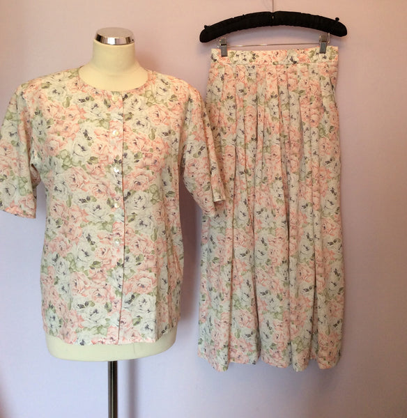 Vintage Jaeger Pale Pink, Blue & Green Floral Print Blouse & Skirt Size 10 - Whispers Dress Agency - Womens Vintage - 1