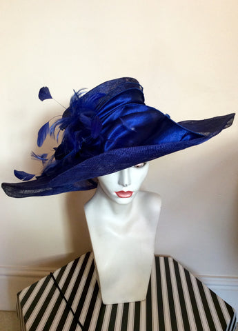 Victoria Ann Royal Blue Wide Brim Feather & Bow Trim Formal Hat - Whispers Dress Agency - Womens Formal Hats & Fascinators - 1