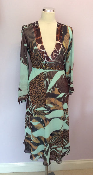 Kasike Mint Green & Brown Print Floaty Sleeve Dress Size 1 UK 10/12 - Whispers Dress Agency - Sold - 1
