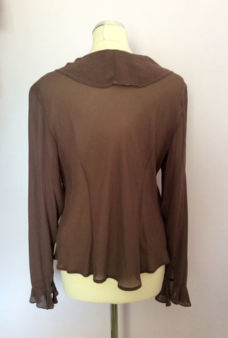 MONSOON BROWN SILK FRILL TRIM LONG SLEEVE BLOUSE SIZE 16 - Whispers Dress Agency - Sold - 2