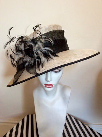 Natural Straw & Black Wide Brim Feather Trim Formal Hat - Whispers Dress Agency - Womens Formal Hats & Fascinators - 1