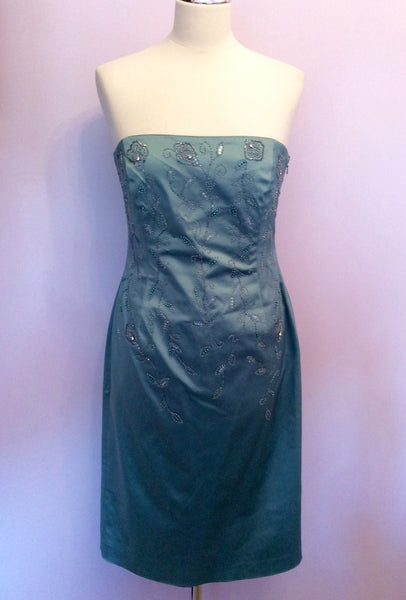 Pearce Fionda Green Satin Bead & Sequin Strapless Dress Size 12 - Whispers Dress Agency - Womens Dresses - 1