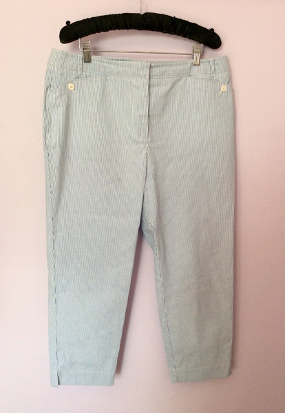 Jaeger Blue & White Pinstripe Cotton Crop Trousers Size 14 - Whispers Dress Agency - Womens Trousers - 1