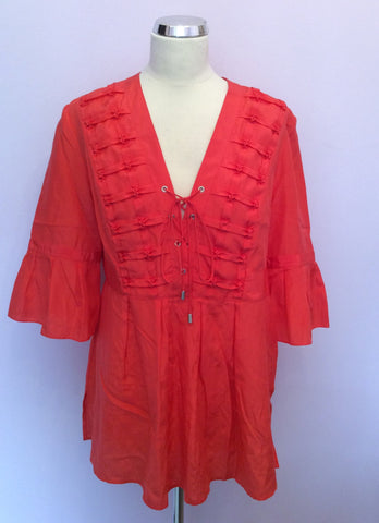 Karen Millen Coral Orange Silk & Cotton Smock Top Size 14 - Whispers Dress Agency - Womens Tops - 1