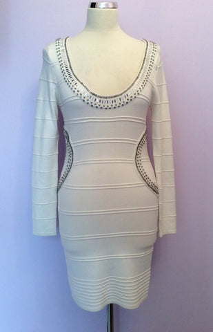 Hot Miami Styles Ivory Beaded Stretch Bodycon Dress Size M - Whispers Dress Agency - Womens Dresses - 1