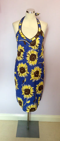 Boden Blue & Yellow Sunflower Print Halterneck Dress Size 12 - Whispers Dress Agency - Sold - 1