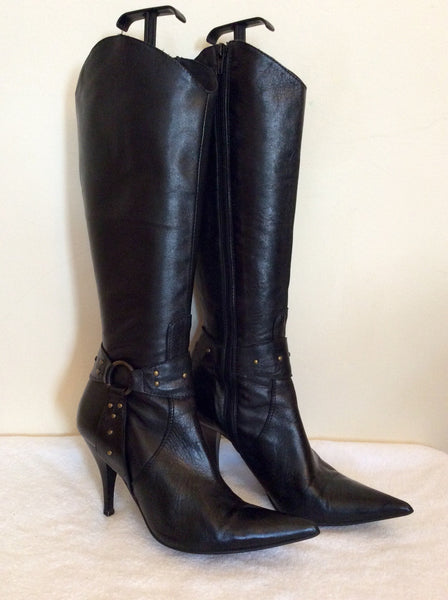 Russo Black Leather Studded Trim Heeled Boots Size 5/38 - Whispers Dress Agency - Sold - 1