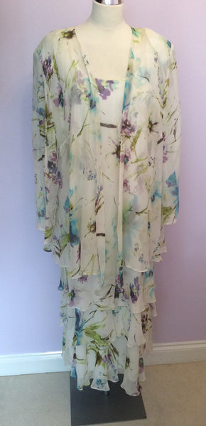 Cattiva White Floral Print Silk Dress & Over Blouse / Jacket Size 24 - Whispers Dress Agency - Sold - 1