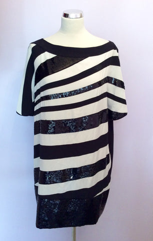 Jaeger Black & Ivory Striped Sequin Trim Tunic Top Size 14 - Whispers Dress Agency - Sold - 1