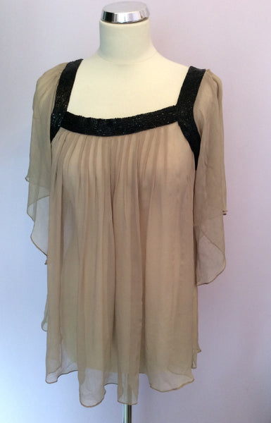 Antik Batik Beige & Black Beaded Trim Silk Top Size L - Whispers Dress Agency - Sold - 1
