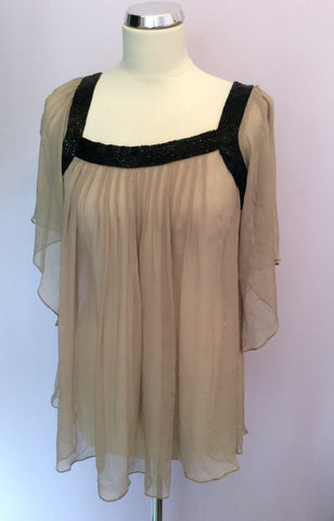 Antik Batik Beige & Black Beaded Trim Silk Top Size L - Whispers Dress Agency - Sold - 1
