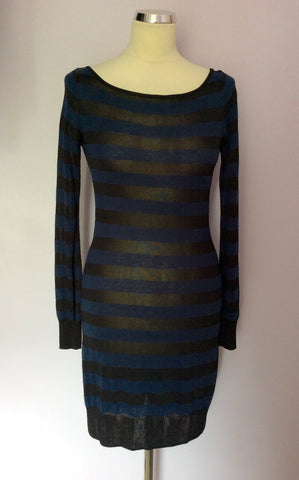 French Connection Black & Blue Stripe Long Sleeve Jumper Dress Size 10 - Whispers Dress Agency - Sold - 1