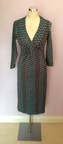 LK Bennett Teal & Brown Print Stretch Jersey Dress Size 8 - Whispers Dress Agency - Womens Dresses - 1