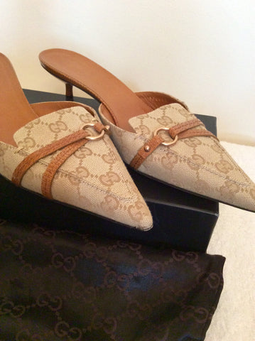 Gucci Beige & Tan Monogramed Slip On Heeled Mules Size 7.5/41 - Whispers Dress Agency - Sold - 2