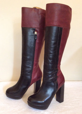 Betty Jackson Black Burgundy & Black Leather Knee High Boots Size 4/37 - Whispers Dress Agency - Womens Boots - 2
