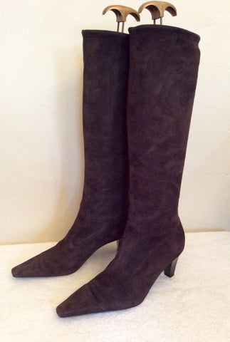 Peter Kaiser Dark Brown Suede Stretch Knee Length Boots Size 4/37 - Whispers Dress Agency - Sold - 3