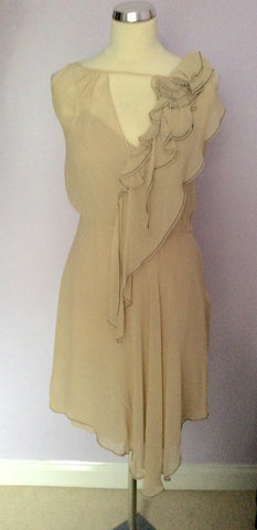 Karen Millen Beige / Nude Silk Strappy Frill Trim Silk Dress Size 10 - Whispers Dress Agency - Womens Special Occasion - 1