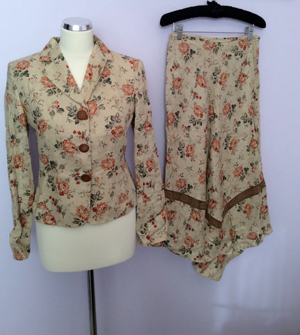 Ronit Zilkha Beige Floral Print Linen Jacket & Skirt Suit Size 10 - Whispers Dress Agency - Sold - 1