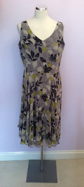 HOBBS GREY FLORAL PRINT SILK DRESS SIZE 14 - Whispers Dress Agency - Womens Dresses - 1