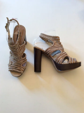 BRAND NEW FRENCH CONNECTION BEIGE & GOLD SUEDE PLATFORM SOLE HIGH HEEL SANDALS SIZE 5/38 - Whispers Dress Agency - Sold - 2