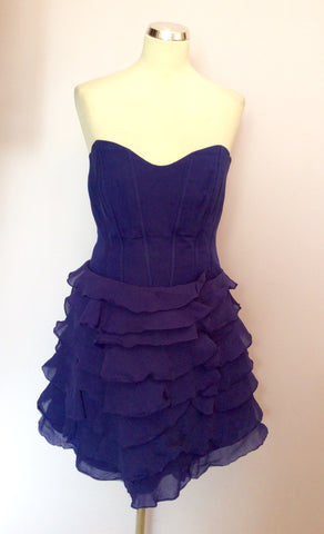 Karen Millen Purpley Blue Silk Ruffle Skirt Strapless Dress Size 16 - Whispers Dress Agency - Womens Dresses - 1
