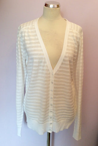 LONG TALL SALLY WHITE STRIPED COTTON V NECK CARDIGAN SIZE L - Whispers Dress Agency - Womens Knitwear - 1