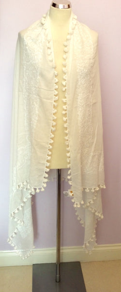 East White Cotton Embroidered & Fringed Wrap - Whispers Dress Agency - Sold - 1