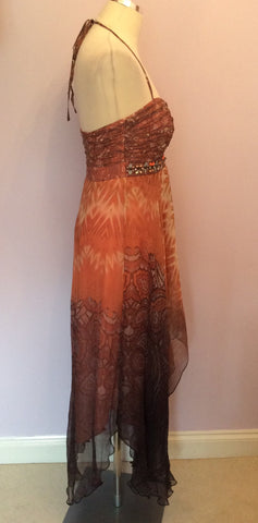 Monsoon Brown & Apricot Print Silk Halterneck Maxi Dress Size 10 - Whispers Dress Agency - Sold - 3