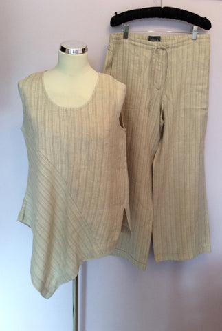 Oska Beige Striped Linen Asymmetric Top & Crop Trouser Set Size III UK 14 - Whispers Dress Agency - Sold - 1