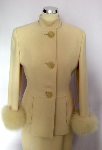 Designer Tomasz Starzewski Buttermilk Cream Dress & Jacket Fur Cuff Suit Size 12 - Whispers Dress Agency - Womens Suits & Tailoring - 5