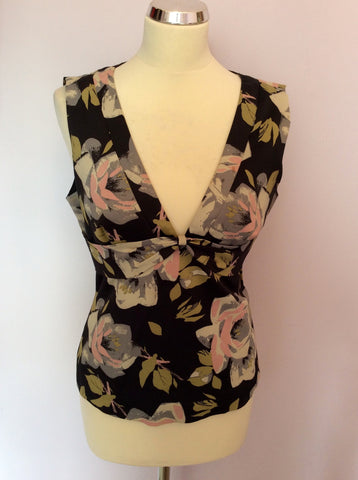 Karen Millen Black & Pink Floral Print V Neck Top Size 14 - Whispers Dress Agency - Womens Tops - 1
