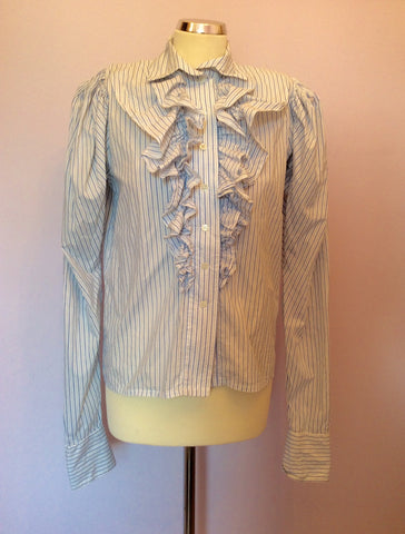 Vintage Droopy & Browns Blue & White Stripe Frill Front Cotton Shirt Size 10 - Whispers Dress Agency - Sold - 1