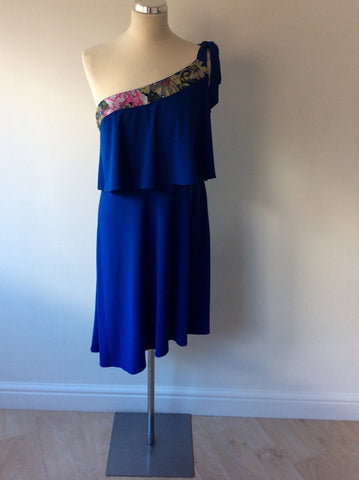 MONSOON BLUE SEQUINNED TRIM ONE SHOULDER TIERED DRESS SIZE 12 - Whispers Dress Agency - Womens Dresses - 1