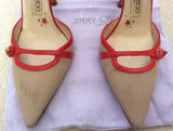 Jimmy Choo Red Leather & Beige Canvas Strappy Heels Size 5/38 - Whispers Dress Agency - Sold - 2