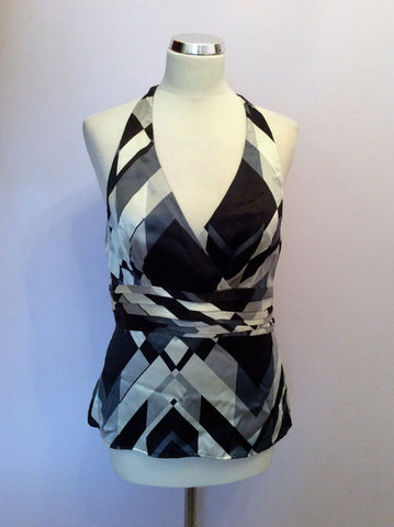 MONSOON IVORY,GREY & BLACK PRINT SILK HALTERNECK TOP SIZE 12 - Whispers Dress Agency - Womens Tops - 1