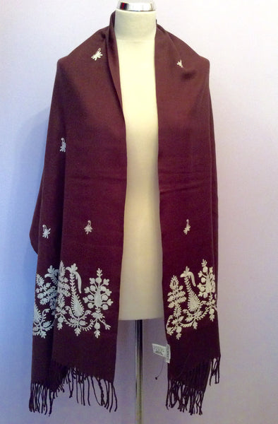 Brand New Planet Dark Brown & White Embroidered Wool Wrap / Shawl One Size - Whispers Dress Agency - Womens Scarves & Wraps - 1
