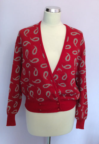Vintage Jaeger Red & Grey Print Wool Blend Cardigan Size 38" UK M - Whispers Dress Agency - Sold - 1