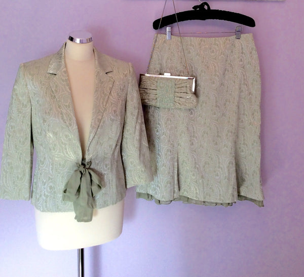MINOSA LIGHT GREEN JACKET & SKIRT SUIT WITH MATCHING BAG SIZE 12 PETITE - Whispers Dress Agency - Womens Suits & Tailoring - 1