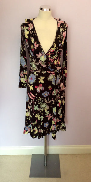 Moschino Cheap & Chic Brown Butterfly & Flower Print Wrap Dress Size 8 - Whispers Dress Agency - Sold - 1