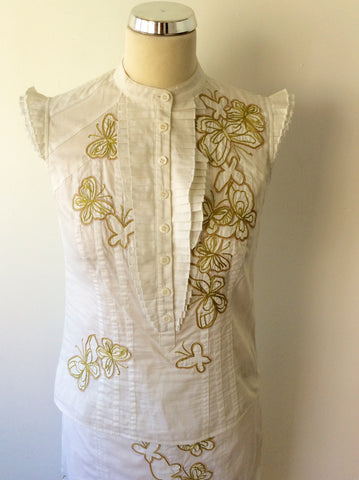 KAREN MILLEN WHITE COTTON & GOLD EMBROIDERED BUTTERFLY TOP & SKIRT SIZE 10 - Whispers Dress Agency - Womens Dresses - 2