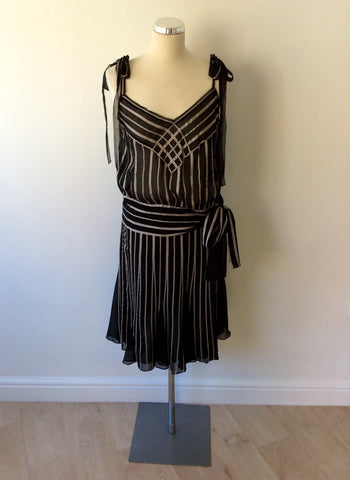 KAREN MILLEN SILK BLACK & SILVER GREY STRIPED TOP & SKIRT SIZE 10 - Whispers Dress Agency - Womens Dresses - 1