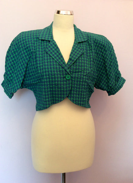 Vintage United Colours Of Benetton Blue & Green Check Crop Jacket Size 42 UK 10 - Whispers Dress Agency - Sold - 1