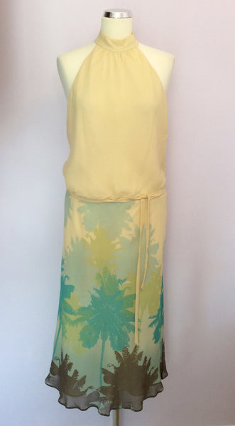 Monsoon Lemon, Green & Brown Palmtree Print Silk Dress Size 16 - Whispers Dress Agency - Sold - 1