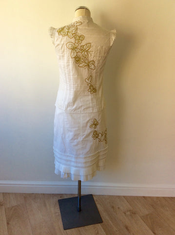 KAREN MILLEN WHITE COTTON & GOLD EMBROIDERED BUTTERFLY TOP & SKIRT SIZE 10 - Whispers Dress Agency - Womens Dresses - 3