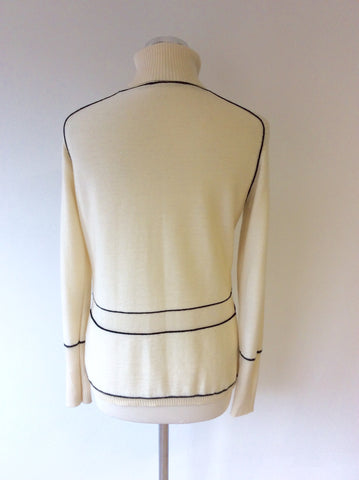 JAEGER CREAM & BLACK TRIM WOOL POLONECK JUMPER SIZE L - Whispers Dress Agency - Sold - 3