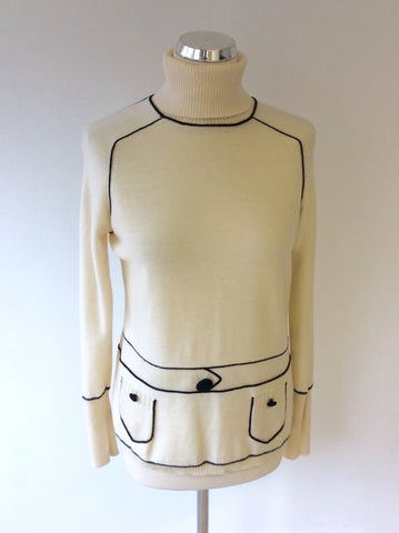 JAEGER CREAM & BLACK TRIM WOOL POLONECK JUMPER SIZE L - Whispers Dress Agency - Sold - 1