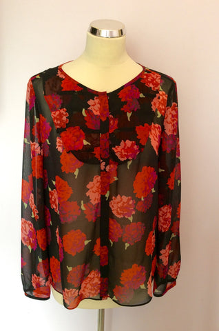 Jaeger Black, Red & Pink Floral Print Silk Blouse Size 14 - Whispers Dress Agency - Sold - 1